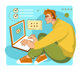 People fill out survey. Man putting checkmarks. Guy working at laptop. Studying test. Online questionnaire. Examination choice tick. Digital vote. Student examination. Complete goals. Vector concept