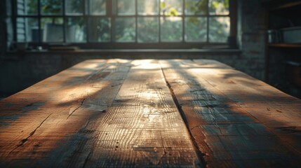 Vintage-style photo of a worn antique table in a workshop setting with sunlit and shadowed areas.