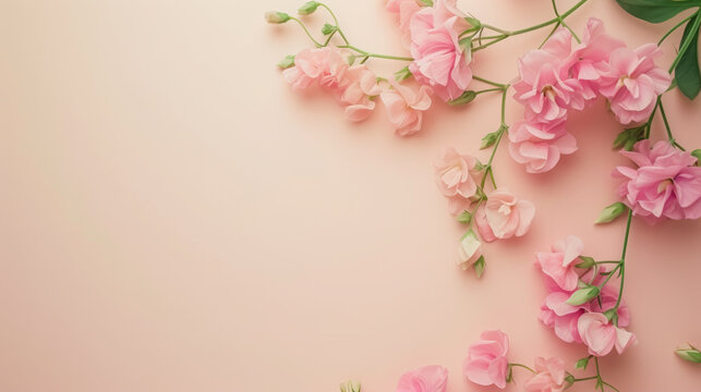 Spring flowers top view, floral background, free space