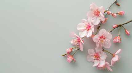 Cherry flowers top view, spring background, free space