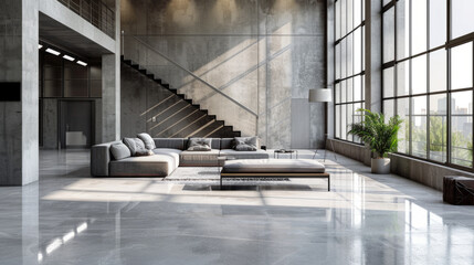 Modern living room with large windows, polished concrete walls, and luxurious furnishings including a sectional sofa, coffee table, and staircase leading to an upper level. - obrazy, fototapety, plakaty