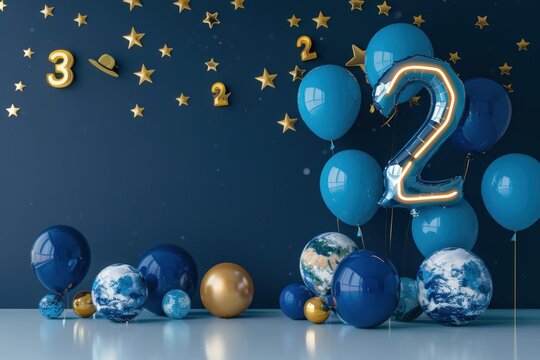 Child kids birthday party decor with blue balloon background with number