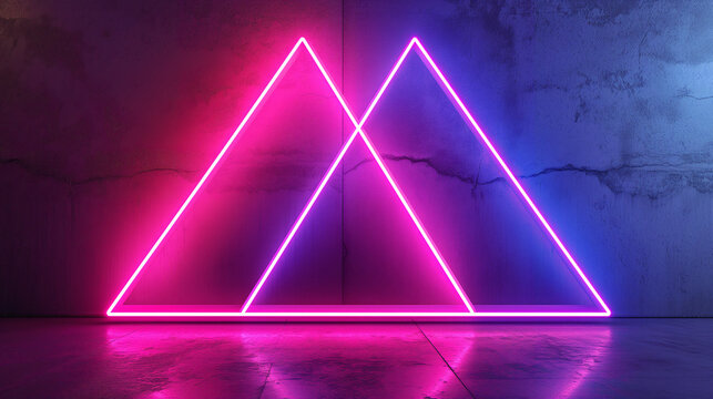 Neon triangles illuminating a dark, textured wall, creating a vibrant and modern aesthetic