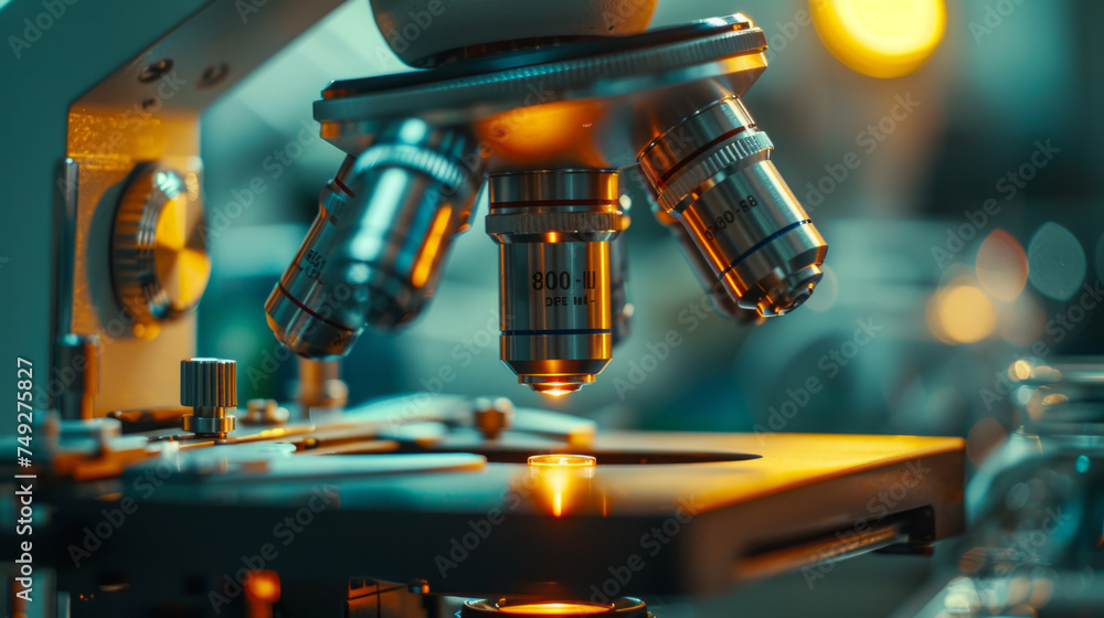 Aufkleber close-up of a professional microscope with multiple objective lenses in a laboratory setting, showca