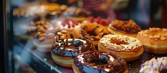 A display case showcasing a variety of donuts in different colors, shapes, and flavors. The donuts are neatly arranged and tempting to any sweet tooth, with a shallow focus highlighting their