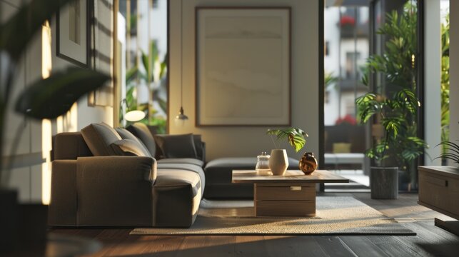 living room interior with frame mockup