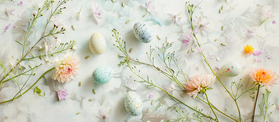 Easter themed background with bunch of eggs greenery and flowers with elegant pastel colors. Created with AI.