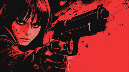 Black and red illustration of a girl with a gun - obrazy, fototapety, plakaty