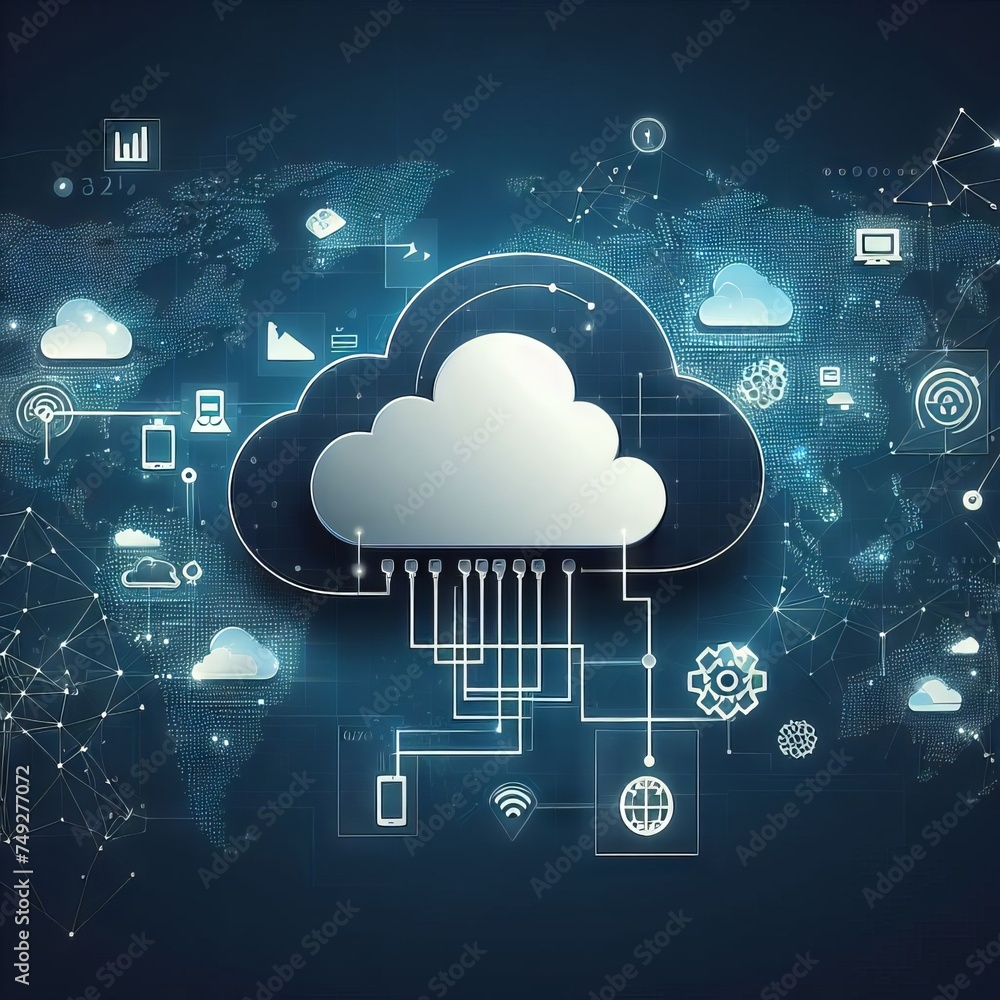 Poster a digital cloud hovers over a networked world map, symbolizing global cloud computing. the intricate