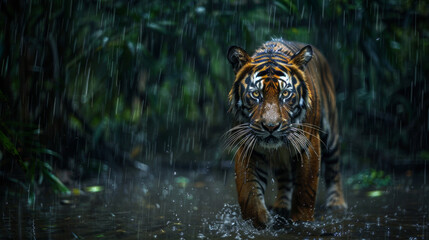 Fototapeta na wymiar tigre de Bengale vu de face sous la pluie dans la jungle