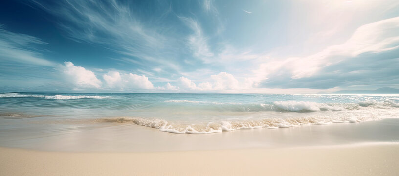 Beautiful idyllic beach landscape image of blue sky and crashing waves