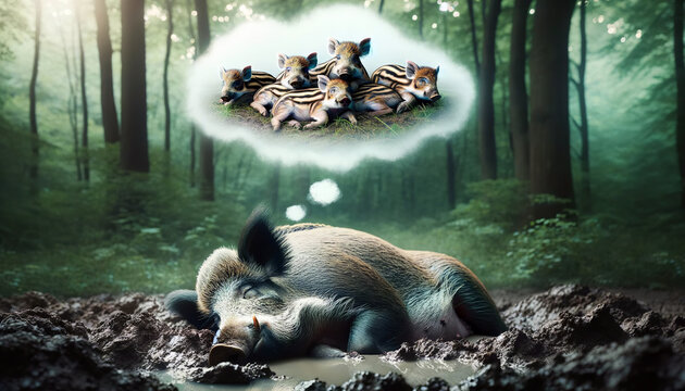 An enchanting and detailed AI-generated illustration showcases a boar peacefully sleeping in a mud pit, dreaming of a cloud filled with playful striped piglets in a serene forest setting.