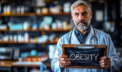 Medical professional in a lab coat holding a blackboard with obesity written in chalk, healthcare concept, focus on prevention and treatment of obesity - obrazy, fototapety, plakaty