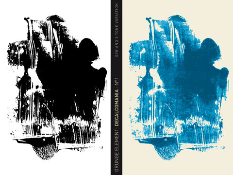 Grunge element: Decalcomania Set N&deg;1 (rolled paint in black and white and global colors separated in 5 blue tones)