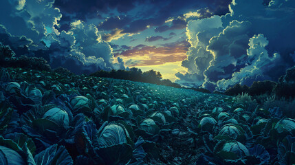 Rows of ripe cabbage farm in the evening sky. - obrazy, fototapety, plakaty