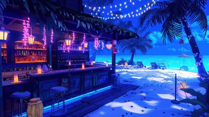 Fototapeta na wymiar beach bar outdoor dance floor light blue light