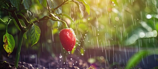 A red pepper continues to grow on a jalapeno pepper plant in the rain, with water droplets falling on its vibrant skin. The plant is surrounded by lush green leaves, enhancing the growth process.