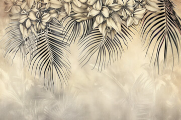 Vintage botanical illustration of tropical leaves, boho style wallpaper - obrazy, fototapety, plakaty