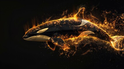 Naklejka premium Predatory orca wild animal, beast isolated black background. Power of blazing fire flame. Generative ai.