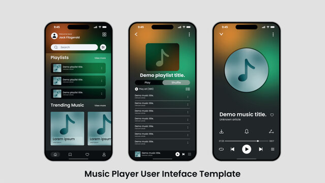Music player app ui template with colorful background and unique icon.