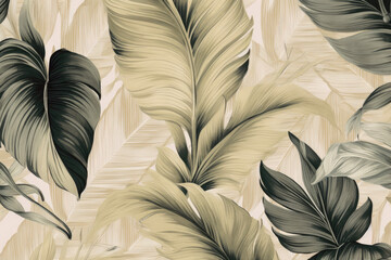 Vintage botanical illustration of tropical leaves, boho style wallpaper - obrazy, fototapety, plakaty