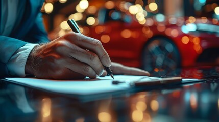 A car dealer signs a contract for a new car at a car showroom. The motive for purchasing a new car at an authorized showroom is the concept of concluding a car purchase contract. - obrazy, fototapety, plakaty