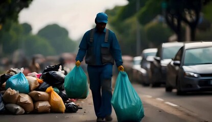 Waste collection employee collects garbage for efficient trash removal, trash collection worker on residential street	