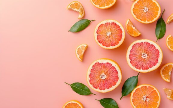 Oranges on peach surface, isolated on background, design template, space for text, banner, greeting card, poster, minimalistic, wedding, march, mothers day