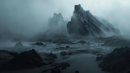 alien black sand landscape, foreground giant Sulphide minerals, spaceship, Nordic rocky black...