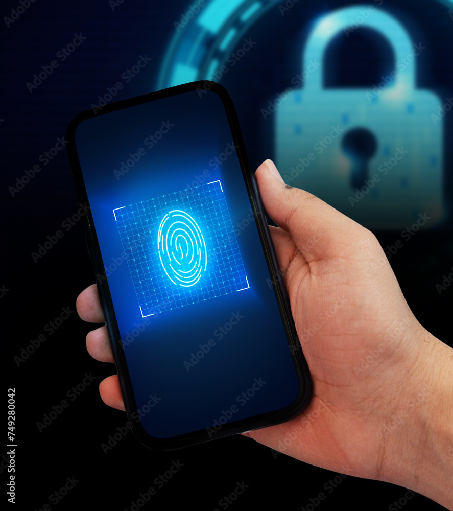 Poster safe and secure biometric through mobile concept backdrop with hand and lock. thumbprint glowing on 