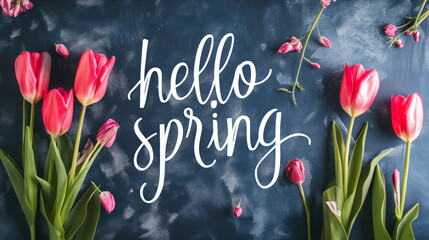 Hello spring sign with tulips flowers, bold lettering. Springtime romantic postcard