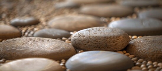 A collection of various rocks positioned on top of a table, with a selectively focused background texture of a floor made of massage stones.
