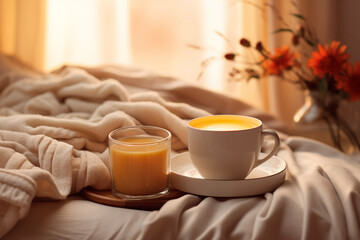 Fototapeta na wymiar Mother's Day card. International Women's Day. Cozy morning. White Day. Coffee in bed..
