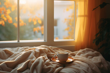 Fototapeta na wymiar Mother's Day card. International Women's Day. Cozy morning. White Day. Coffee in bed..