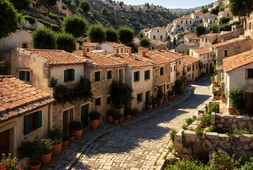 Fototapeta na wymiar Quaint greek village nestled in the hills featuring terracotta roofs and cobblestone streets