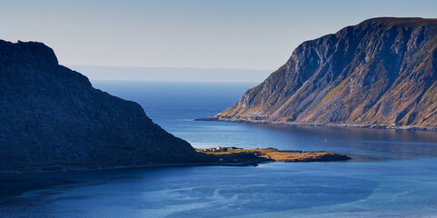 Aerial view of two islands in hazy summer day, Lofoten Islands, Northern Norway..