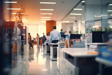 Business office with blurred people casual wear, with blurred bokeh background Blurred empty open space office. Abstract light bokeh at office interior background for design.Beautiful blurred  - obrazy, fototapety, plakaty