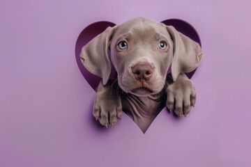 A charming Weimaraner puppy peeks out of a heart-shaped hole in a lavender wall. a pet. a breed of...