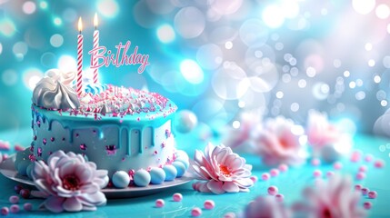 blue birthday cake, candle with blue background - obrazy, fototapety, plakaty