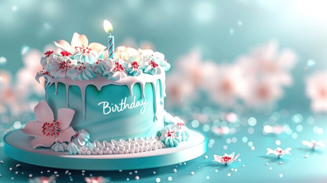 blue birthday cake, candle with blue background