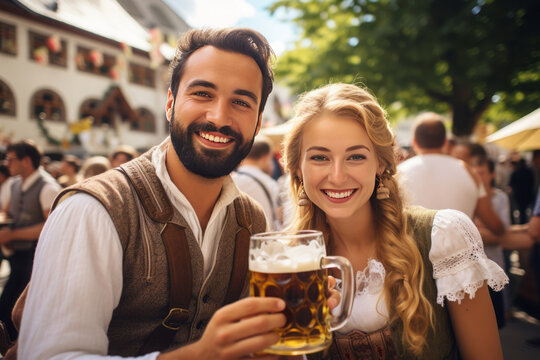 Oktoberfest beer festival, a man and a woman in dirndl attire posing outdoors.