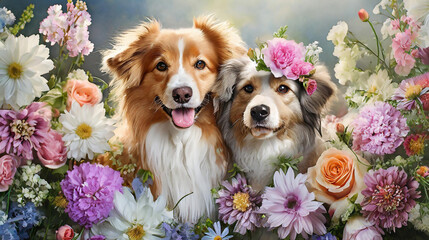 お花とペアの犬のイラスト - obrazy, fototapety, plakaty
