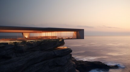 A minimalist restaurant perched on a cliffside with a breathtaking view of the ocean