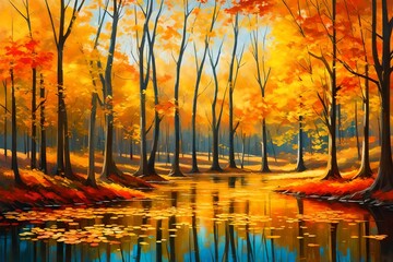 Oil painting landscape colorful autumn forest