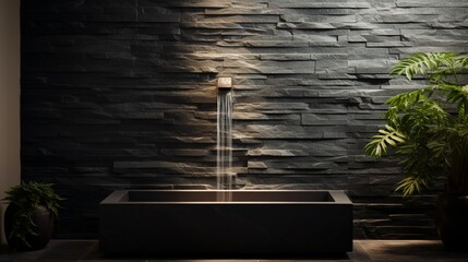 A minimalist wall fountain with a sleek slate design and a single gentle water flow