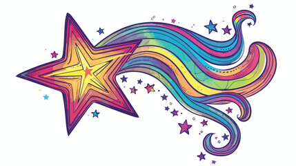 Cartoon linear doodle retro star with rainbow