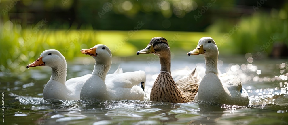 Sticker a cluster of khaki campbell ducks peacefully float on the rippling surface of a serene lake. the duc