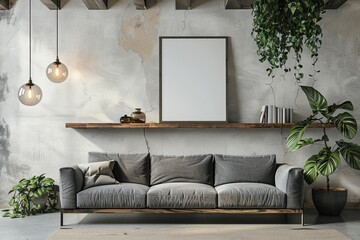 Modern living room with a concrete wall