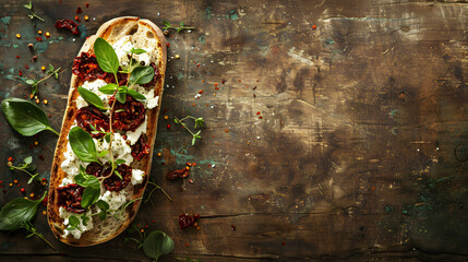 Sandwich with goat cheese, sun-dried tomatoes - obrazy, fototapety, plakaty