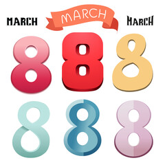 Fototapeta premium Vector set of colorful handwriting text by 8 march. Isolated Number eight by women day. Flat design